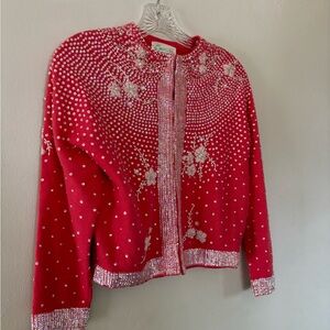 Vintage 1950s Pink Beaded Wool, Angora Cardigan (XS)